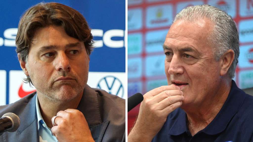 (COMBO) This combination of file photos created on June 10, 2026, shows USA's Argentine head coach Mauricio Pochettino in New York, on May 26, 2026 (L); and Paraguay's Argentine head coach Gustavo Alfaro in Ypane, Paraguay on June 4, 2026.
