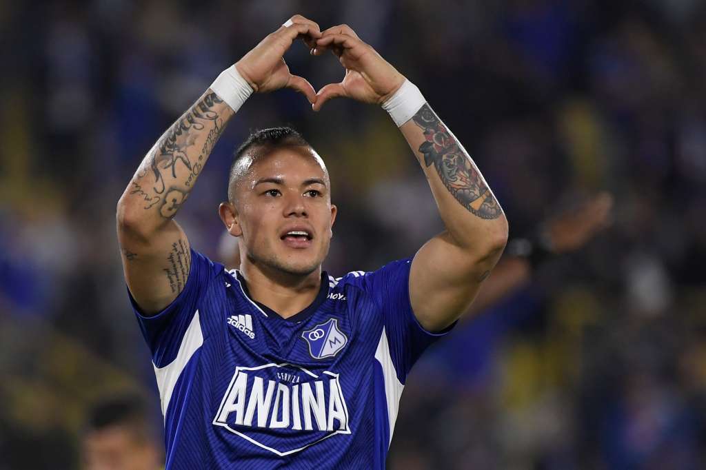 Futbolista colombiano, conocido como el "Chacho Castro", delantero de Millonarios, en el partido ante Alianza Petrolera por la tercera fecha de la Liga Betplay 2023-I.