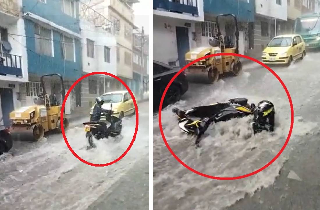 Este fue el momento en el que un motociclista fue arrastrado por la intensidad de la lluvia en el sur de Bogotá. / Tomada de @AsoRedColomb (Twitter)