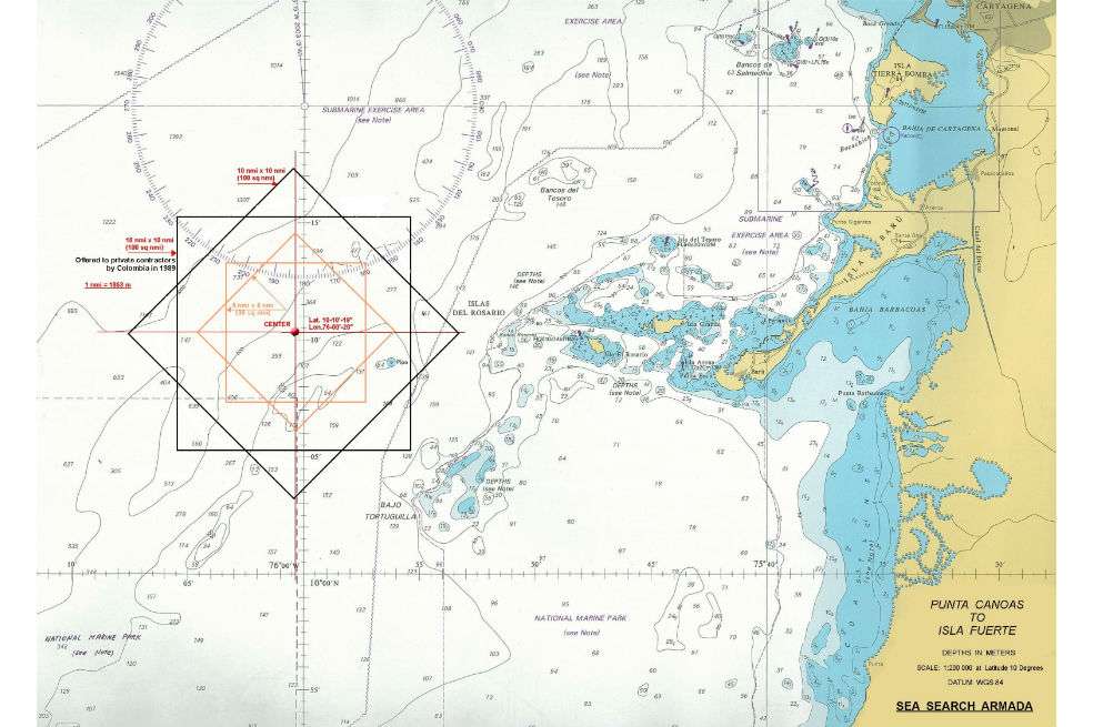 El mapa de la propuesta de verificación reducida que ahora propone la firma norteamericana Sea Search Armada en la zona donde fue encontrado el galeón San José. / Archivo particular