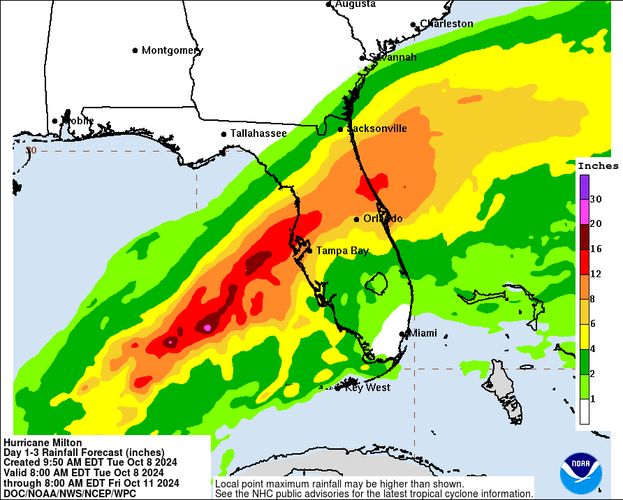 Esta es la predicción de lluvias que dejará el paso del huracán Milton en Florida, que traen consigo el riesgo de inundaciones repentinas.