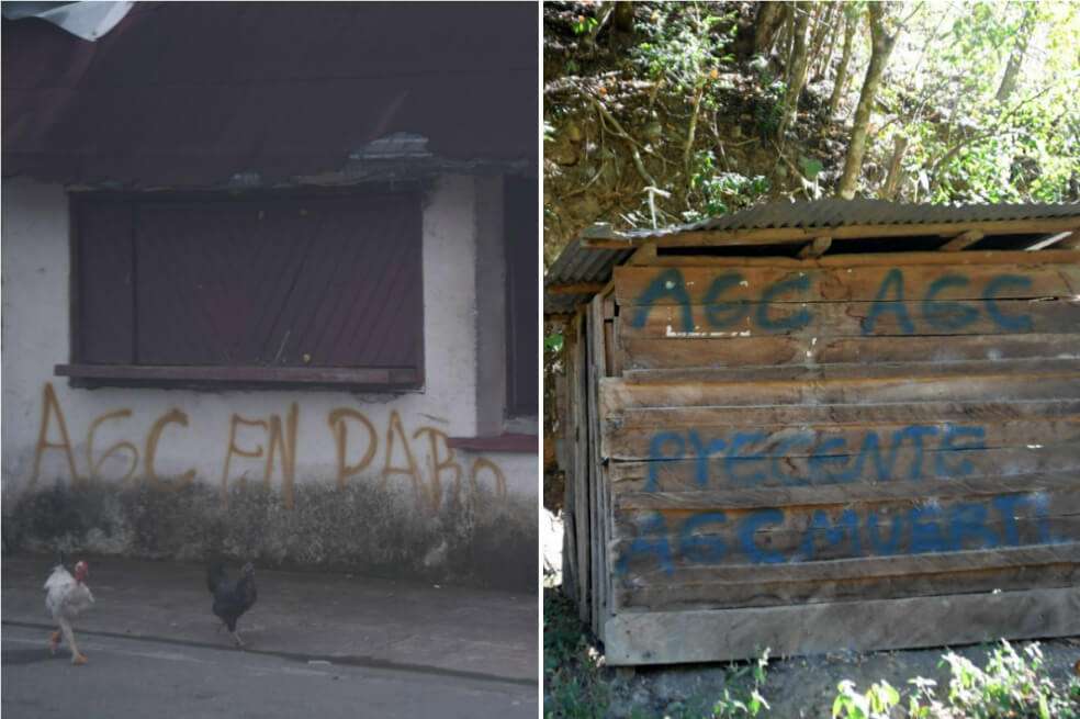 La imagen de la izquierda fue tomada en Bajirá ( Antioquia) y la de la derecha en Ituango (Antioquia). La Defensoría del Pueblo ha documentado la presencia de las Autodefensas Gaitanistas también en el Urabá antioqueño, el sur de Córdoba o los Montes de María. / Colombia2020