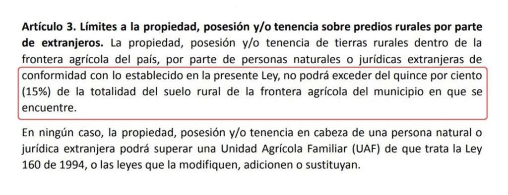 El senador Wilson Arias del Pacto Histórico presentó un proyecto de ley para regular la tenencia de tierra colombiana de parte de extranjeros.