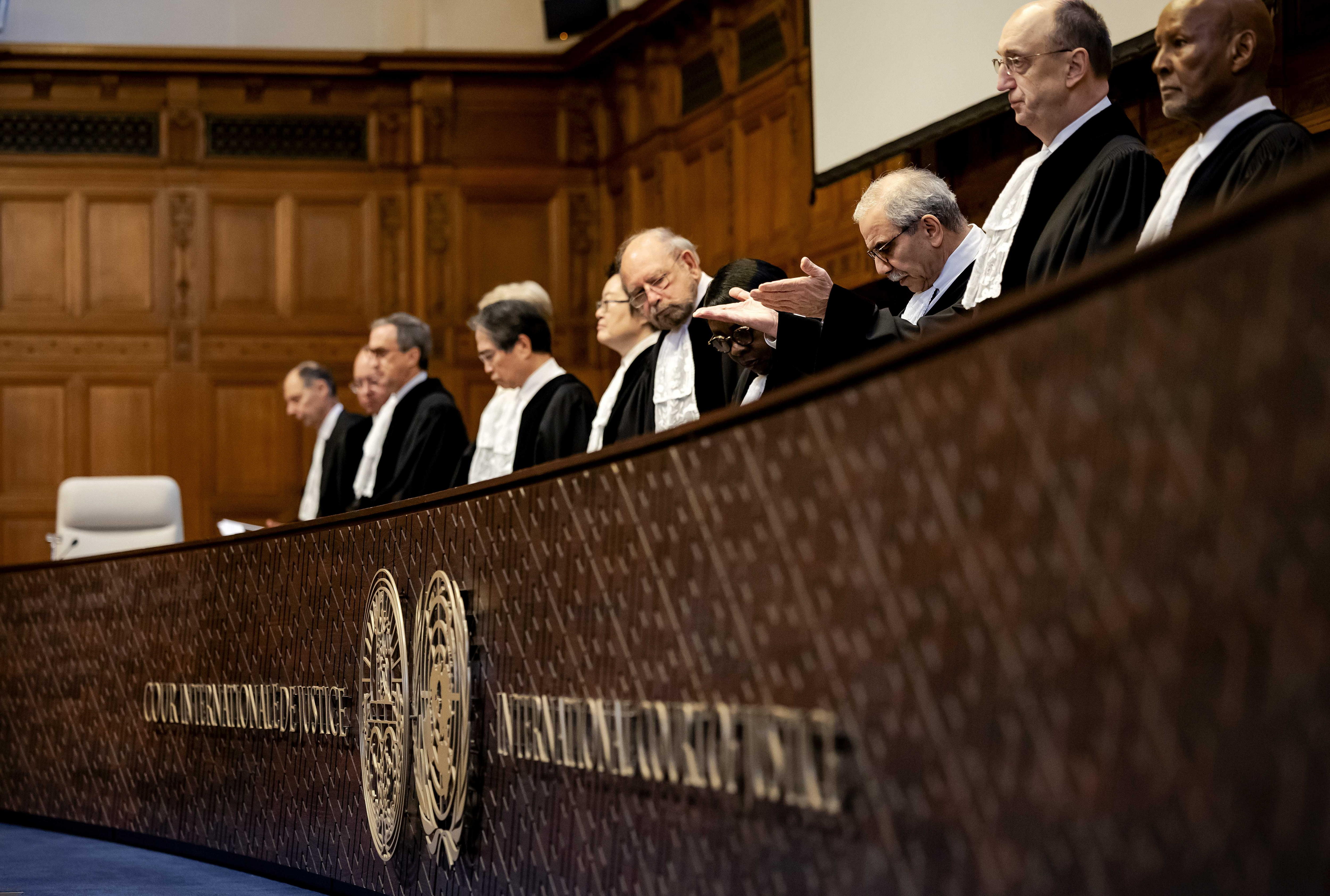 The Hague (Netherlands), 20/02/2024.- Nawaf Salam (C), President of the Court presides over a hearing at the International Court of Justice (ICJ) on the legal consequences of the Israeli occupation of Palestinian territories, The Hague, the Netherlands, 20 February 2024. (Países Bajos; Holanda, La Haya) EFE/EPA/ROBIN VAN LONKHUIJSEN