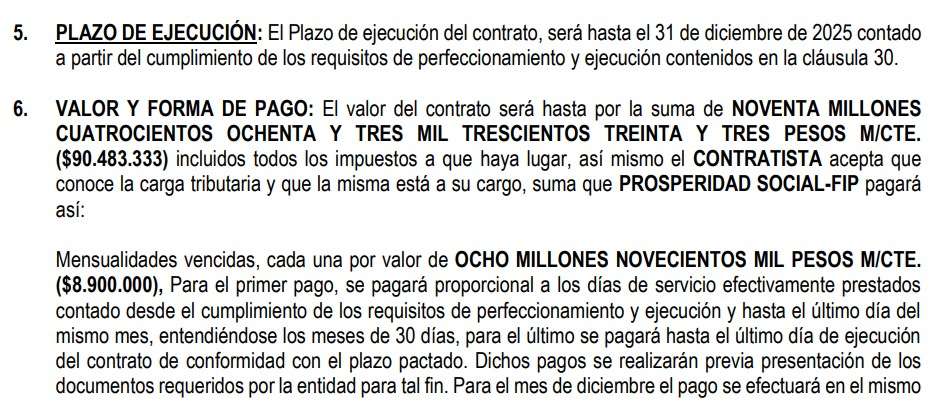 Detalle del contrato de Gareth Sella en Prosperidad Social