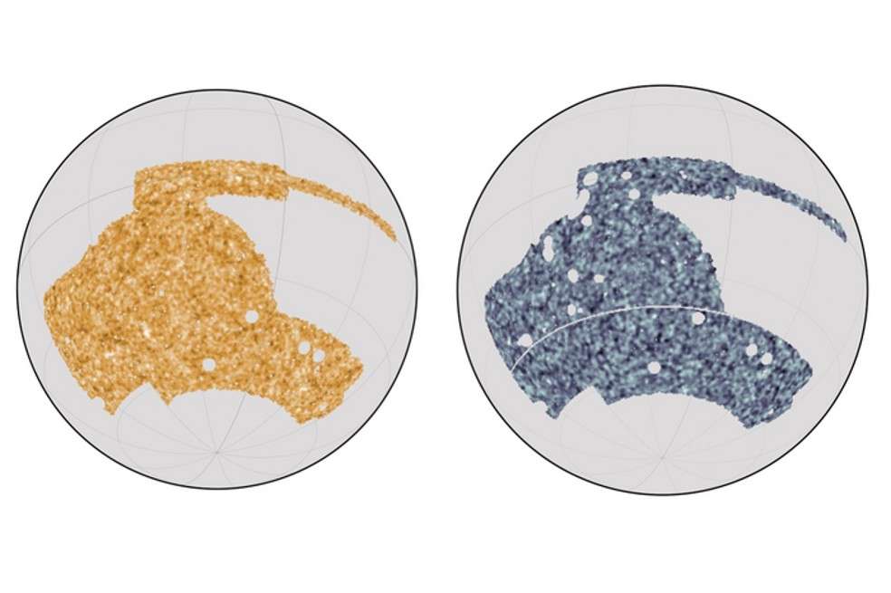 Al superponer mapas del cielo del telescopio Dark Energy Survey (a la izquierda) y el Telescopio del Polo Sur (a la derecha), el equipo pudo armar un mapa de cómo se distribuye la materia.