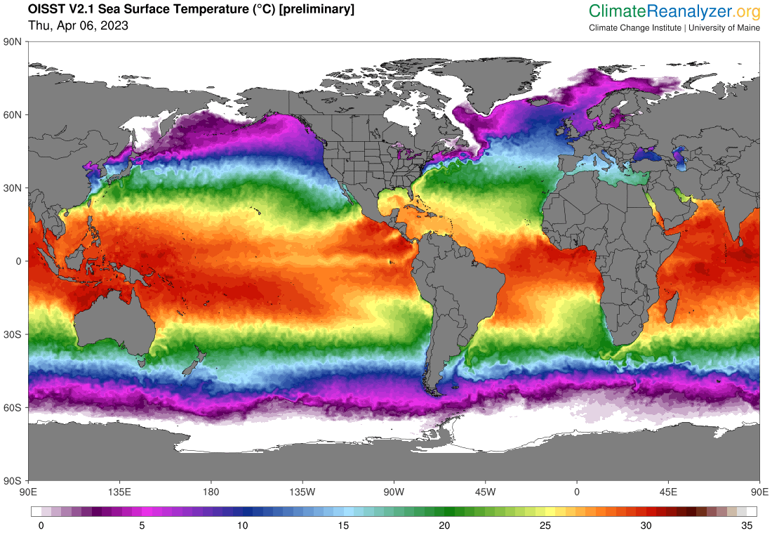 Este mapa global muestra las áreas donde las temperaturas han estado por encima del promedio.