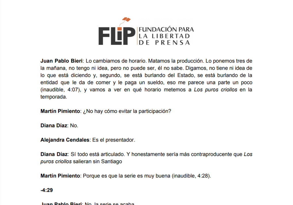 06/12/2018. Conversación grabada por Diana Díaz, entonces Directora de Señal Colombia, sobre la presunta censura que Juan Pablo Bieri, exgerente de RTVC,  ejerció en el programa Los Puros Criollos. Foto: FLIP