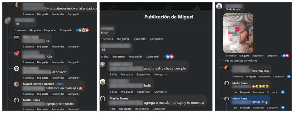 Captura de pantalla de conversaciones públicas, visibles en febrero de 2025, en grupos de Facebook. Allí, a través de “retos” les piden a niñas que agreguen a adultos varones para mostrarles o pedirles contenido sexual explicito en mensajes privados.