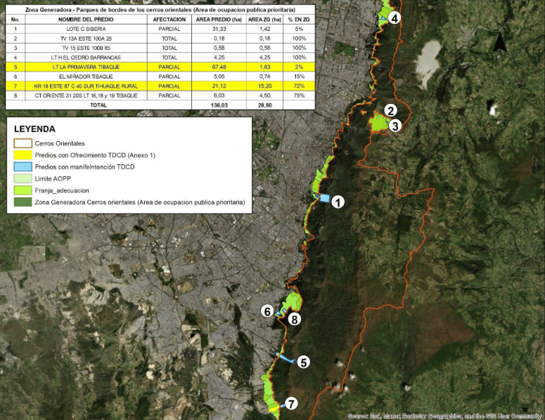 Plano de localización de predios con ofrecimiento para TDCD - Parques de Bordes de los Cerros Orientales.