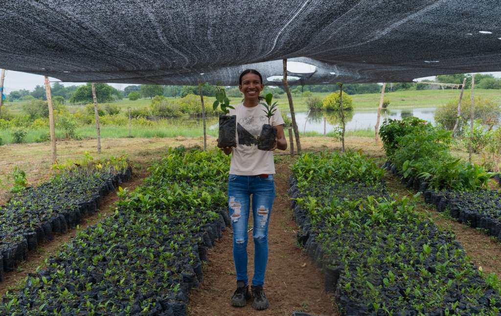 Catherine Toro sostiene algunas de las plántulas que crecen en el vivero que, junto a su comunidad, han creado en la vereda de Perú, Ayapel, Córdoba. / Fotos: Begi Rojas Duarte