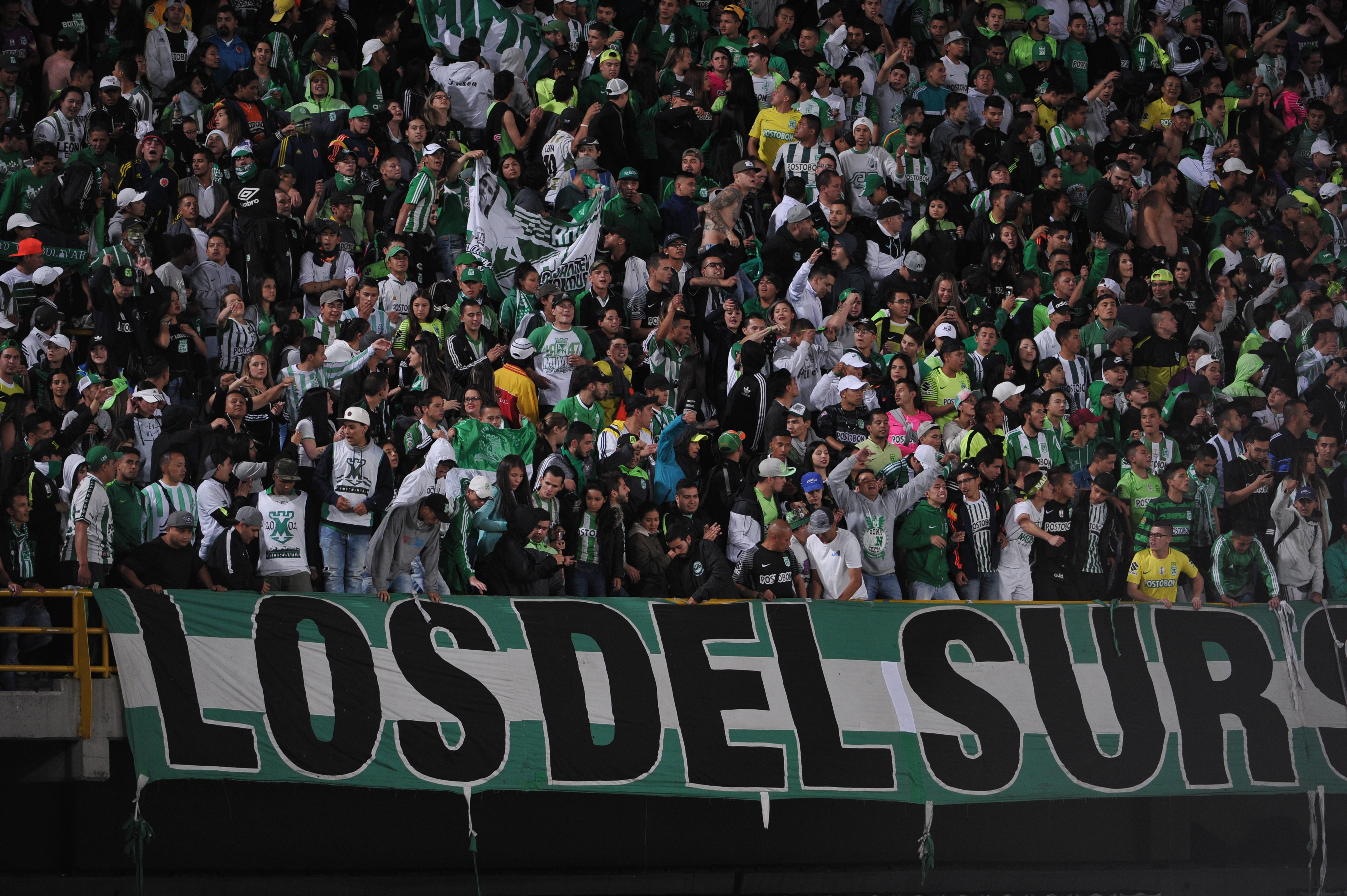 Hinchas de Atlético Nacional, en el estadio el Campín, durante el partido ante Independiente Santa Fe por la Liga Águila II 2017.