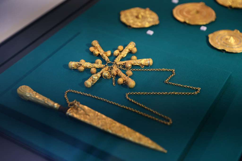 A general view of artefacts returned by the British Museum and the Victoria and Albert Museum (V&A) on a three-year loan at the Manhyia Palace Museum in Kumasi, Ghana, on May 1, 2024. (Photo by Nipah Dennis / AFP)