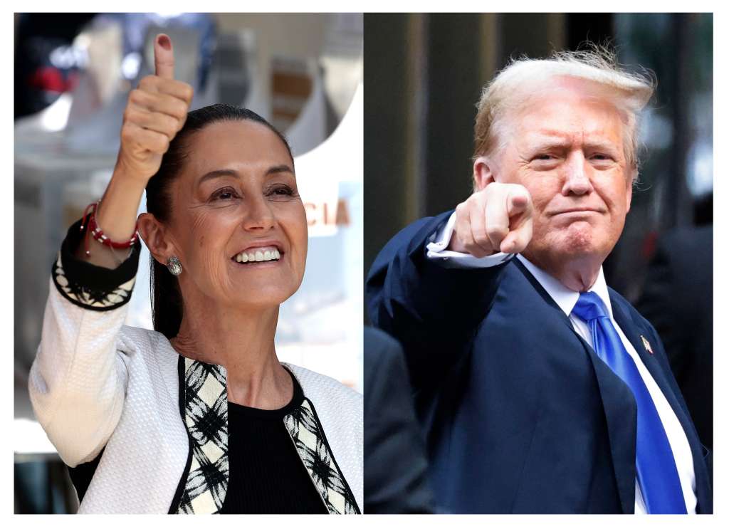 AME1647. WASHINGTON (ESTADOS UNIDOS), 04/06/2024.- Combo de fotografías que muestra a la ganadora de las elecciones presidenciales en México, Claudia Sheinbaum (i), y al candidato republicano de los Estados Unidos, Donald Trump. Tras la victoria arrolladora en México de Claudia Sheinbaum, quien ha prometido dar continuidad a la política de Andrés Manuel López Obrador, la relación con Estados Unidos queda ahora pendiente de lo que decidan los estadounidenses en noviembre, cuando Donald Trump, con su retórica antimexicana y antinmigrante, puede lograr un segundo mandato. EFE/ José Méndez/Peter Foley