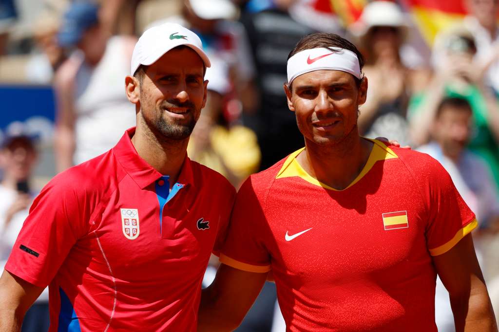 Paris (France), 29/07/2024.- Rafael Nadal (R) of Spain and Novak Djokovic of Serbia pose for photos ahead of their Men's Singles second round match at the Tennis competitions in the Paris 2024 Olympic Games, at the Roland Garros in Paris, France, 29 July 2024. (Tenis, Francia, España) EFE/EPA/FRANCK ROBICHON