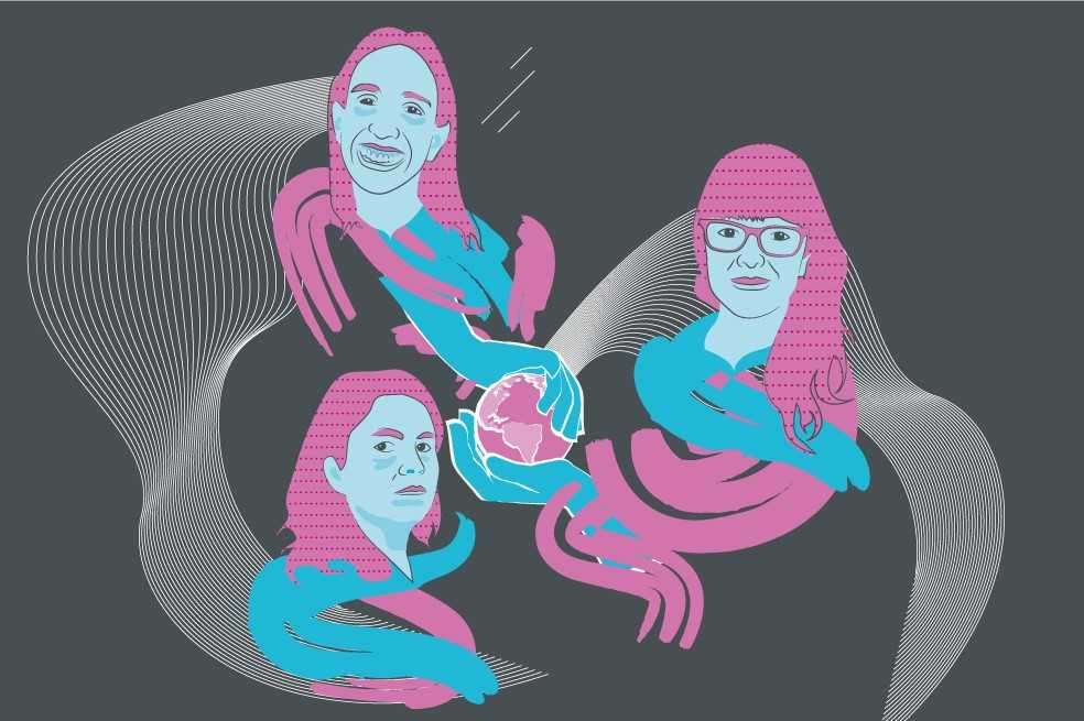 Izquierda (arriba): Ana María Loboguerrero; (abajo): Clara Inés Pardo; Derecha: Paola Arias. / Ilustración: Eder Leandro Rodríguez