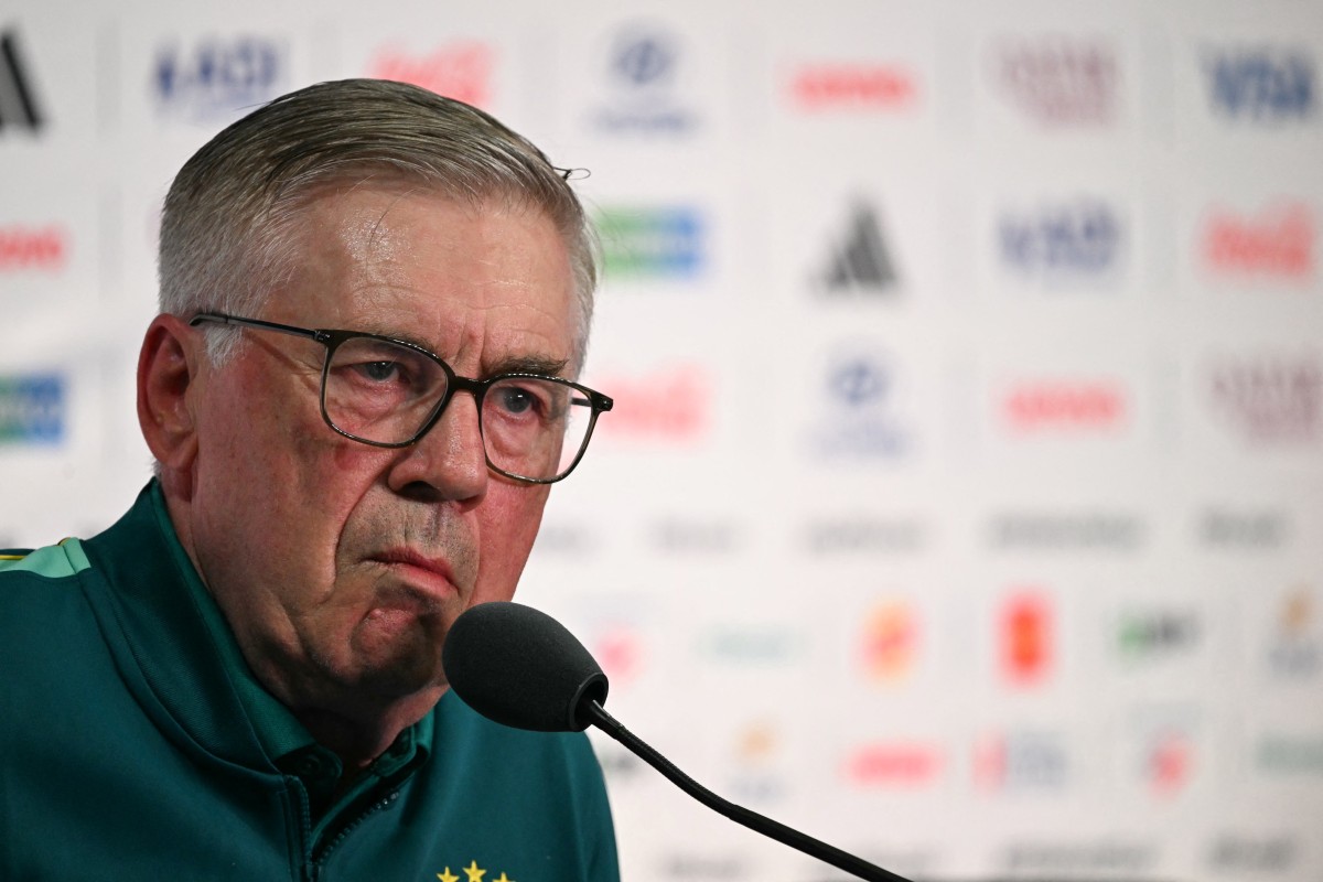 Brazil's Italian head coach Carlo Ancelotti gestures during a press conference at the New York/New Jersey Stadium in East Rutherford on June 12, 2026, on the eve of the 2026 World Cup football match between Brazil and Morocco. (Photo by Mauro PIMENTEL / AFP)