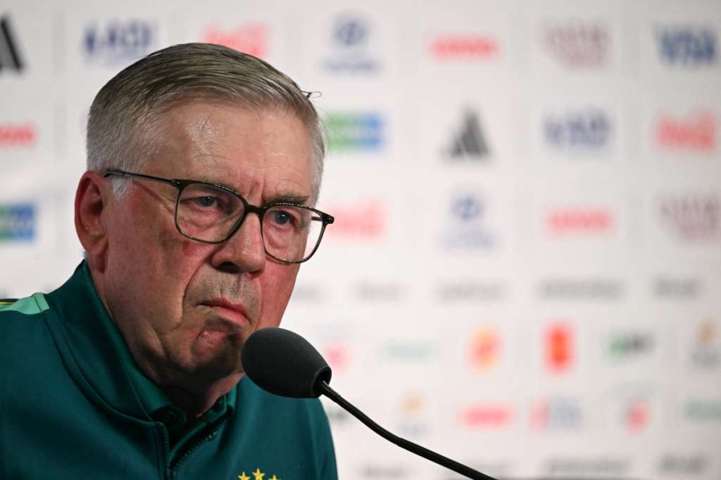 Brazil's Italian head coach Carlo Ancelotti gestures during a press conference at the New York/New Jersey Stadium in East Rutherford on June 12, 2026, on the eve of the 2026 World Cup football match between Brazil and Morocco. (Photo by Mauro PIMENTEL / AFP)
