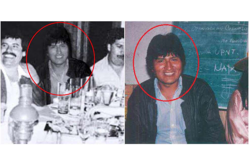 A la izquierda, la imagen donde Evo Morales aparecería junto a los dos narcotraficantes. A la derecha, la fotografía a color que fue recortada.