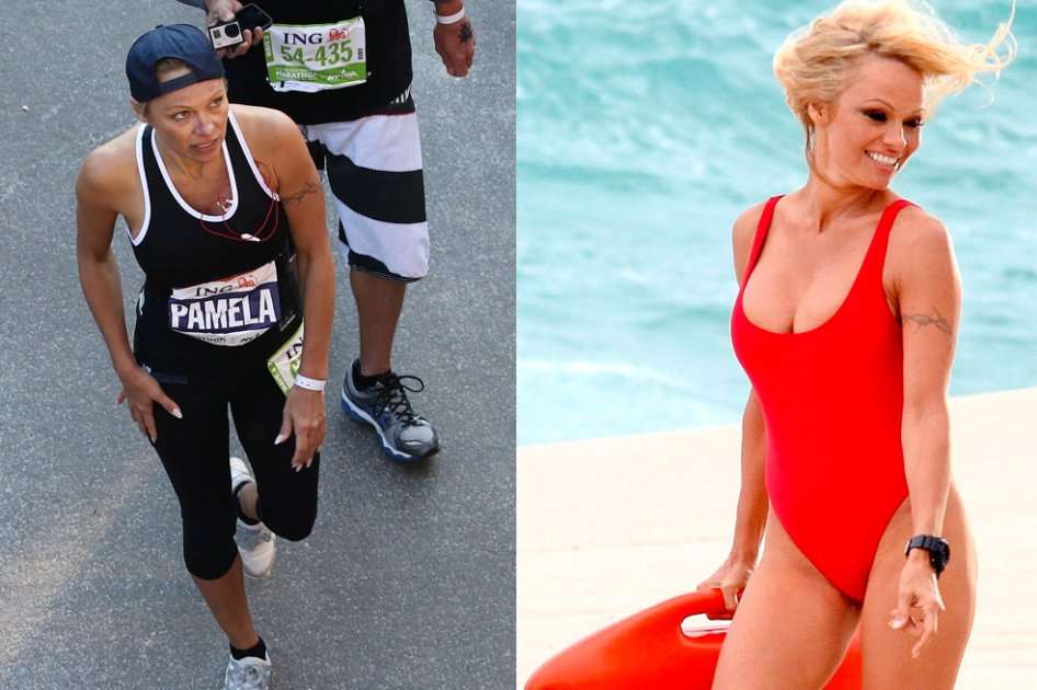 Pamela Anderson en la maratón de Nueva York y en el programa 'Baywatch'.