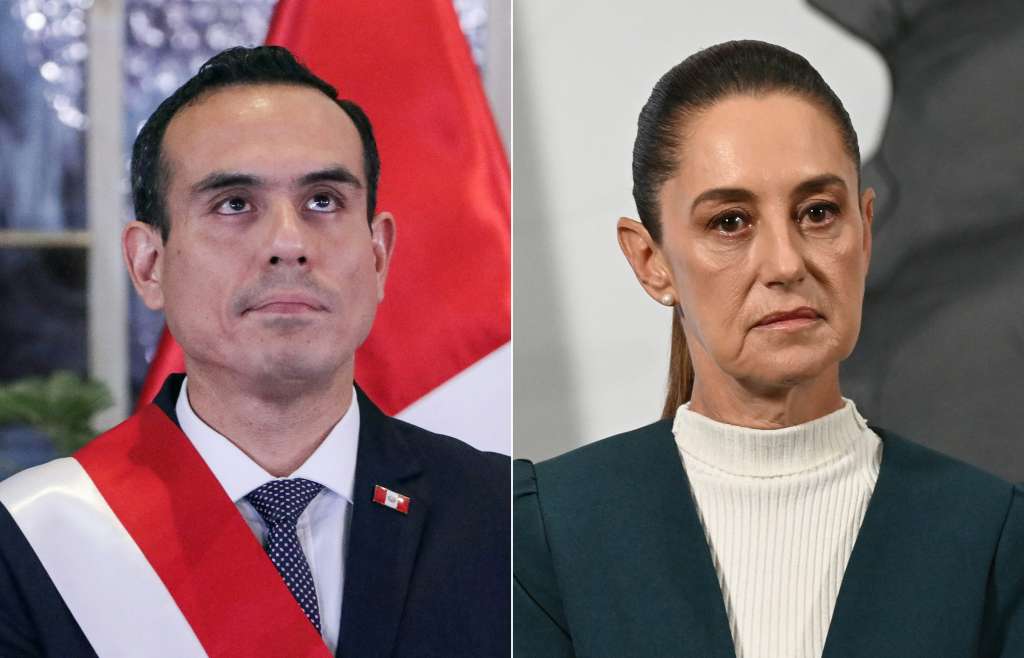 (FILES) (COMBO) This combination of pictures created on November 3, 2025, shows Peru's interim President Jose Jeri (L) looking on during the inauguration ceremony of his cabinet at the Presidential Palace in Lima on October 13, 2025, and Mexico's President Claudia Sheinbaum gesturing during her daily press conference at Palacio Nacional in Mexico City on October 13, 2025.