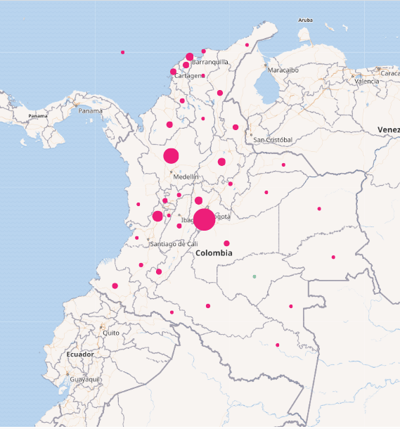 Mapa de Colombia con la distribución de casos confirmados de coronavirus desde que inició la pandemia.
