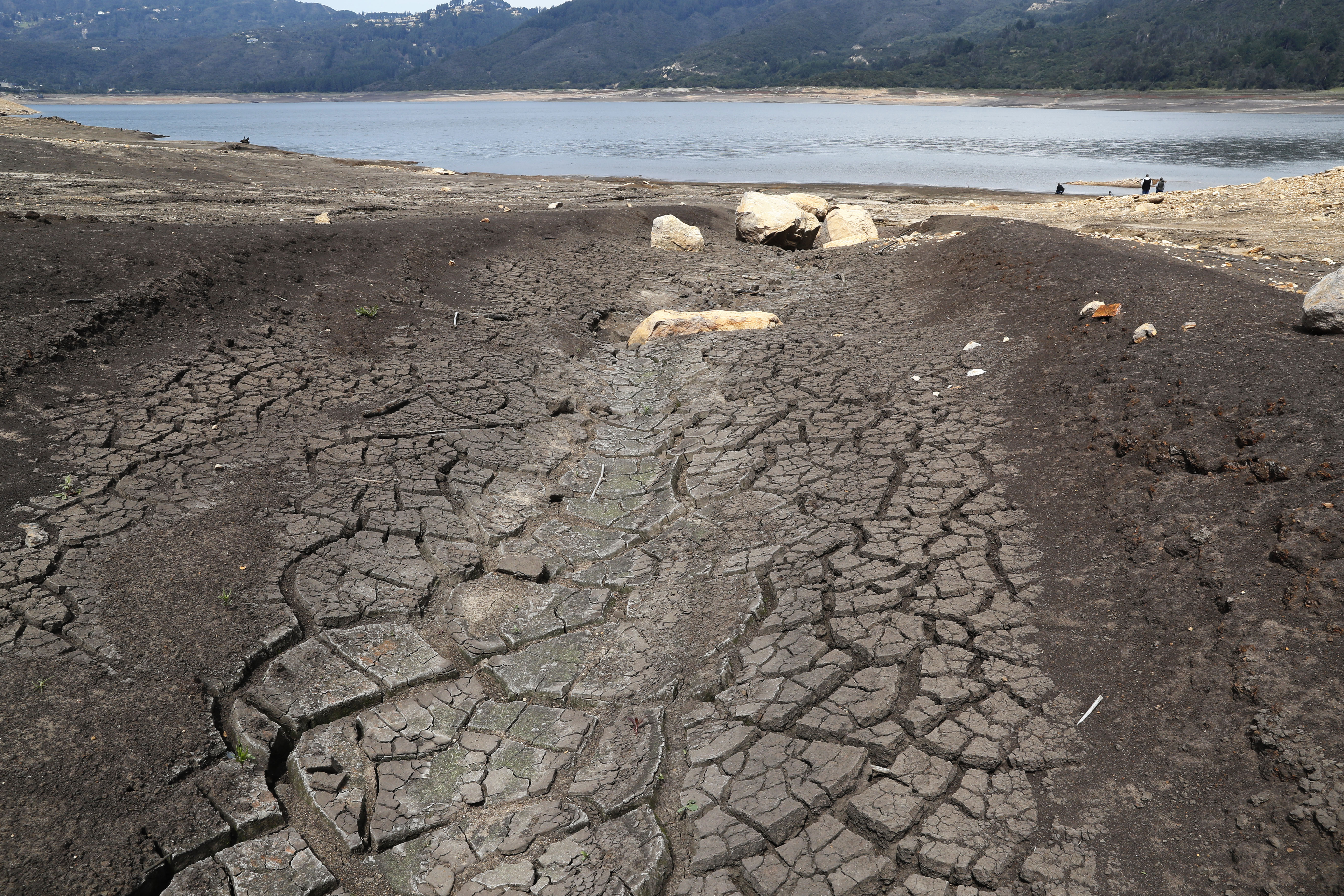 CAL400. LA CALERA(COLOMBIA), 11/04/2024.- Con extensas playas formadas por la falta de agua se observa este jueves el embalse San Rafael ubicado en el municipio de La Calera (Colombia). El racionamiento de agua ordenado por la Alcaldía de Bogotá ante los bajos niveles que tienen los embalses que abastecen a la ciudad, debido a la sequía agravada por el fenómeno de El Niño, comenzó este jueves en numerosos barrios del centro y el norte de la capital colombiana, de casi 8 millones de habitantes, con cortes del suministro por 24 horas. EFE/Carlos Ortega