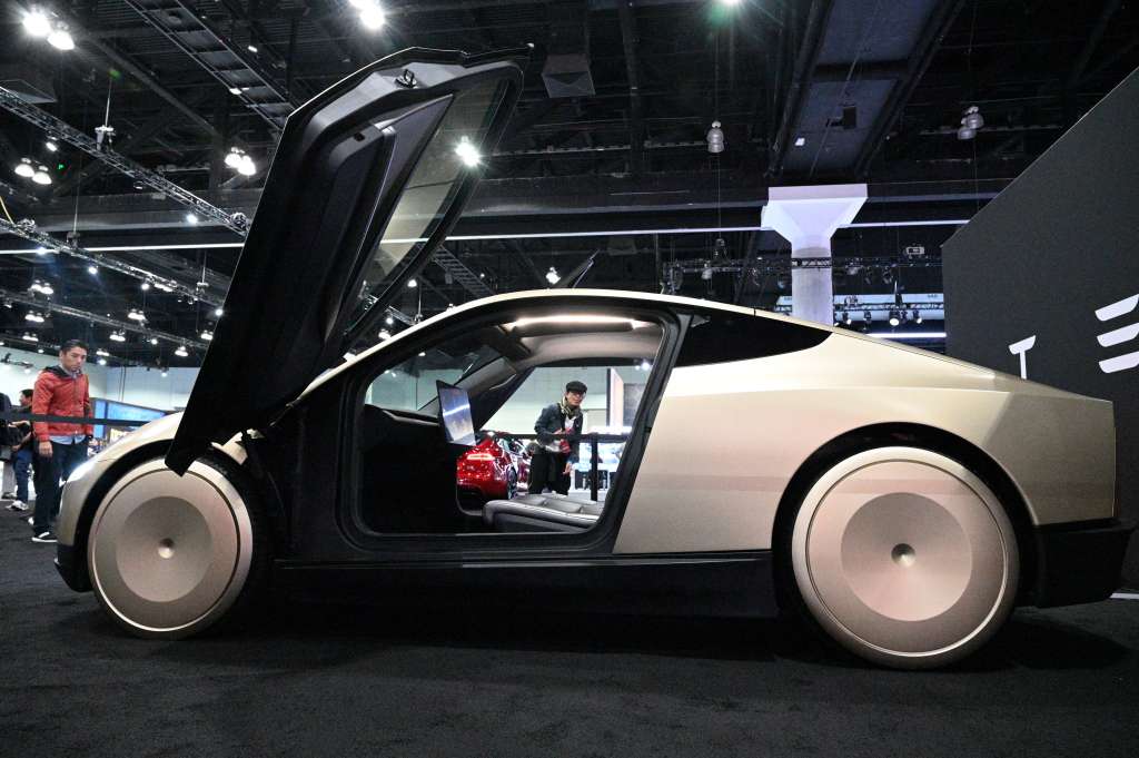 (FILES) Tesla's Cybercab robotaxi is displayed during the AutoMobility LA 2024 auto show at the Los Angeles Convention Center in Los Angeles, November 21, 2024.