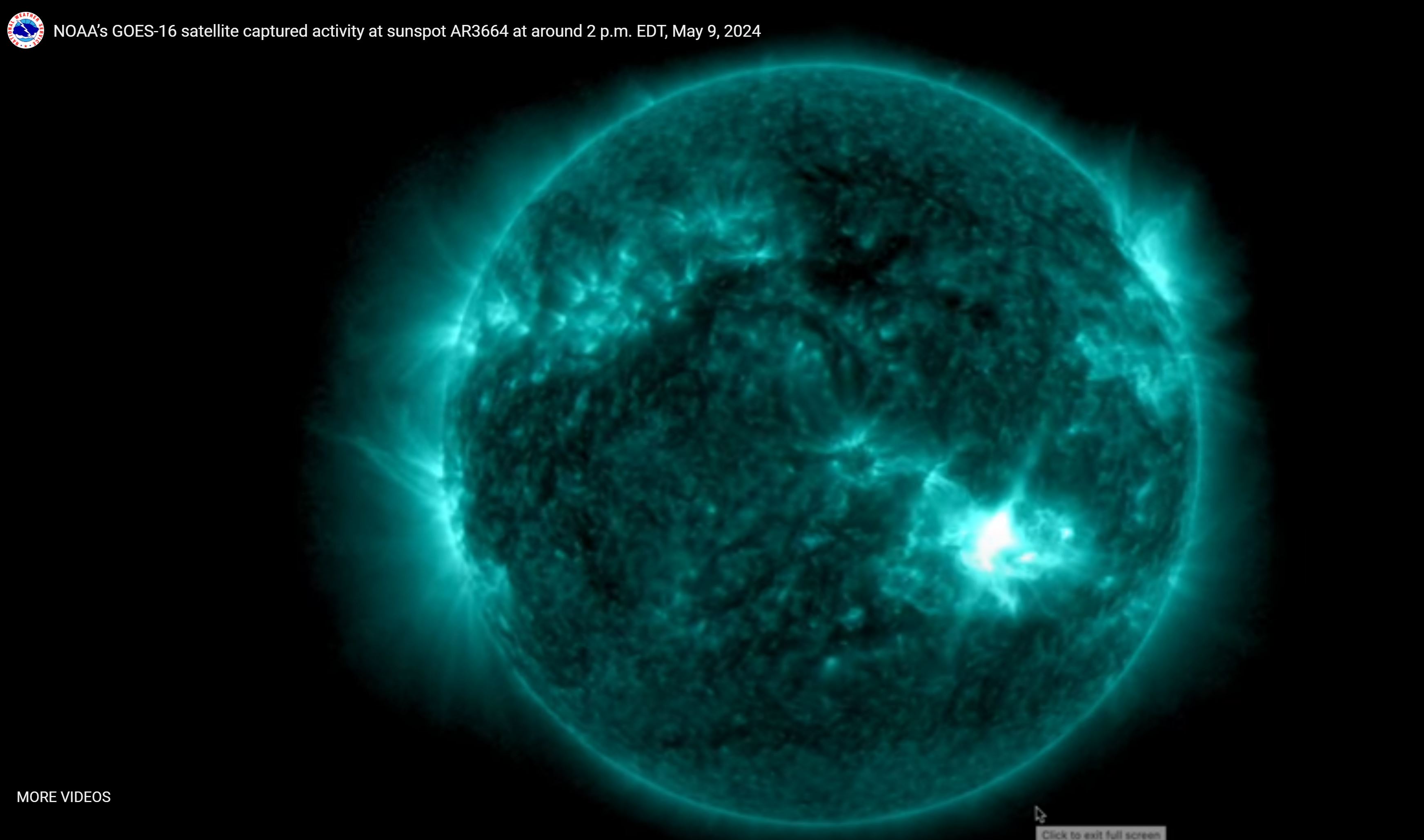 AME5129. WASHINGTON (ESTADOS UNIDOS), 10/05/2024.- Captura de pantalla tomada de un video publicado por la National Oceanic and Atmospheric Administration (NOAA) que muestra una erupción en el sol (parte brillante de la esfera, suroeste). Una tormenta geomagnética, causada por una serie de erupciones solares y que podría ser la más severa desde 2005, alcanzará la Tierra este viernes al anochecer, según informó la Oficina Nacional de Administración Oceánica y Atmosférica (NOAA, en inglés). EFE/ Cortesía NOAA/SOLO USO EDITORIAL/SOLO DISPONIBLE PARA ILUSTRAR LA NOTICIA QUE ACOMPAÑA (CRÉDITO OBLIGATORIO)