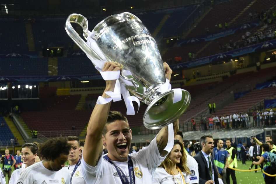 James Rodríguez celebra el título del Real Madrid en la Liga de Campeones. Foto: AFP