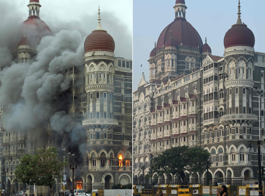 Combinación de imágenes del hotel Taj Mahal Palace de Bombay hace diez años y ahora. / AFP