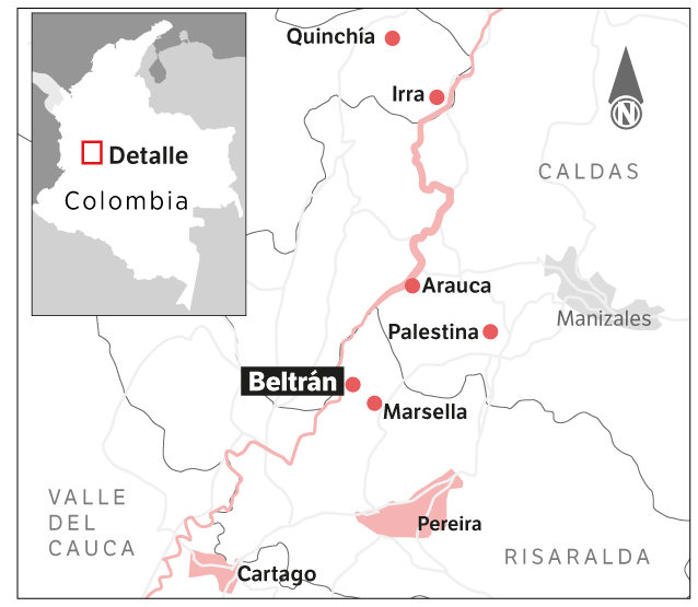 Mapa del curso del río Cauca en su paso por Marsella y el eje eje cafetero.