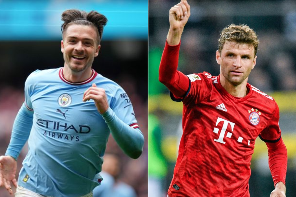 Jack Grealish (i) del Manchester City y Thomas Muller del Bayern Múnich.