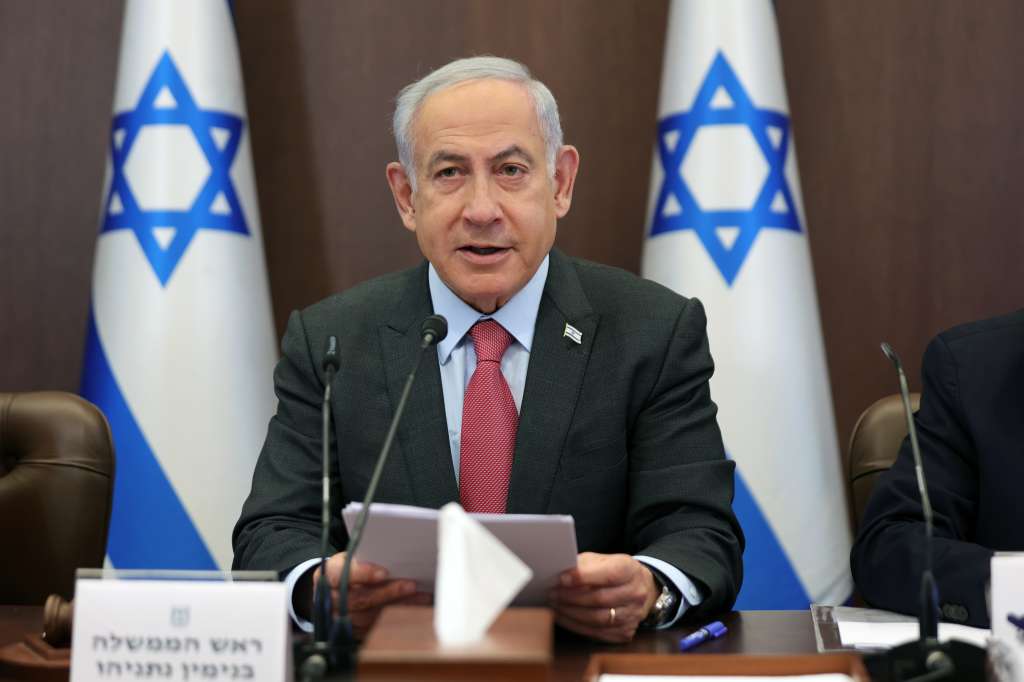 Jerusalem (Zzz), 19/03/2023.- Israeli Prime Minister Benjamin Netanyahu attends a weekly cabinet meeting in the prime minister's office in Jerusalem, 19 March 2023. Nationwide protests against the government's judicial reform plans are being held for eleven weeks in a row. Israel's parliament passed a draft law limiting the power of the Israeli Supreme Court in a first reading on 14 March. (Protestas, Estados Unidos, Jerusalén) EFE/EPA/ABIR SULTAN / POOL