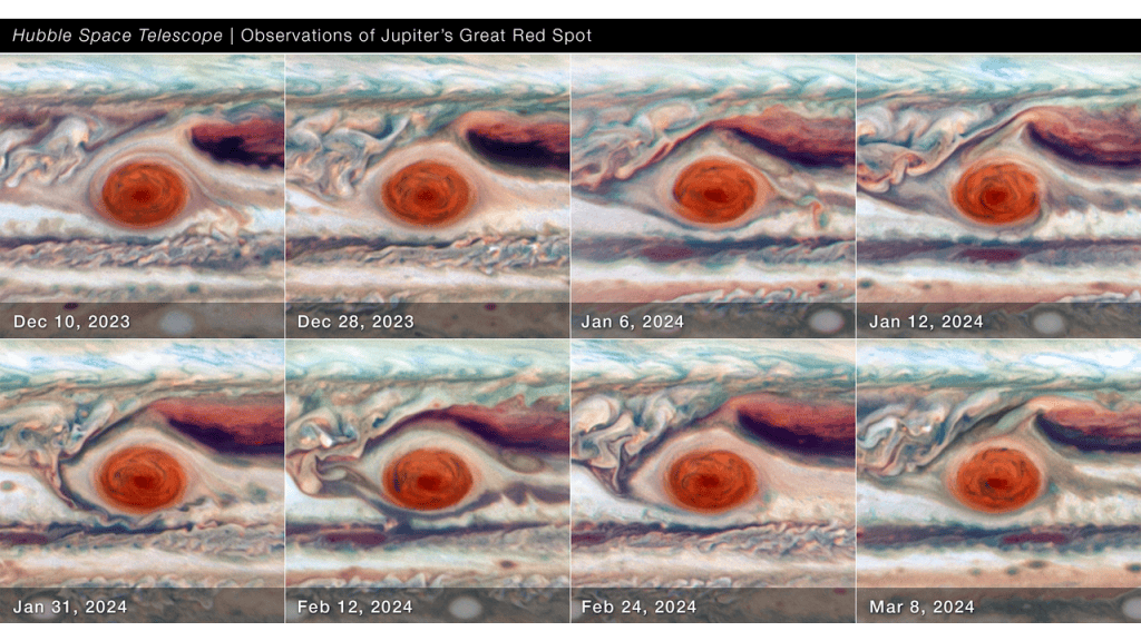 Ocho imágenes del Hubble que muestran la Gran Mancha Roja de Júpiter.