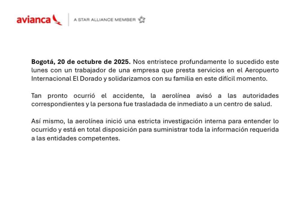 La aerolínea se pronunció tras la muerte de un trabajador en medio de un accidente ocurrido en el aeropuerto El Dorado