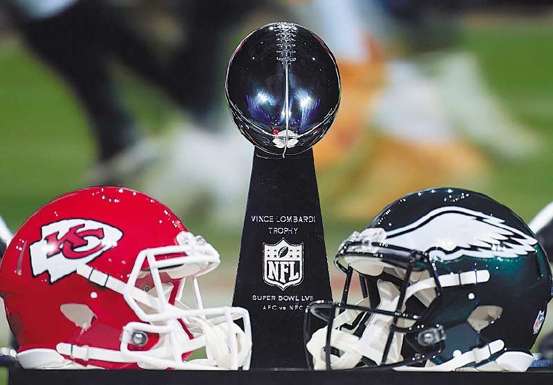 PHOENIX, AZ - FEBRUARY 08: The Vince Lombardi Trophy displayed during a press conference ahead of Super Bowl 57 at the Phoenix Convention Center on February 8, 2023 in Phoenix, Arizona. (Photo by Cooper Neill/Getty Images)