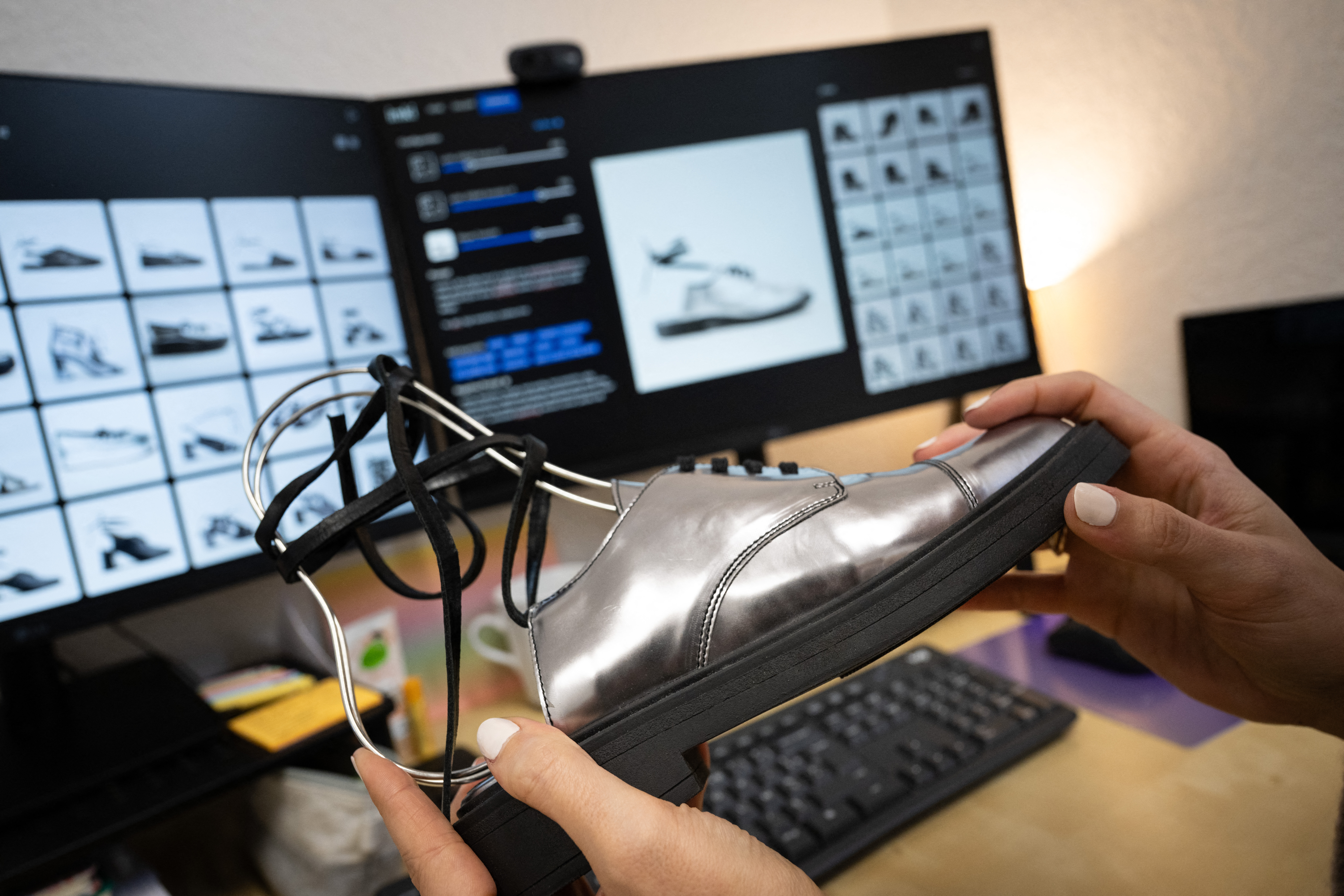 A stylist holds a Jonak shoe designed by IA at the Imki start-up's offices in Schiltigheim, near Strasbourg, eastern France, on February 26, 2025.