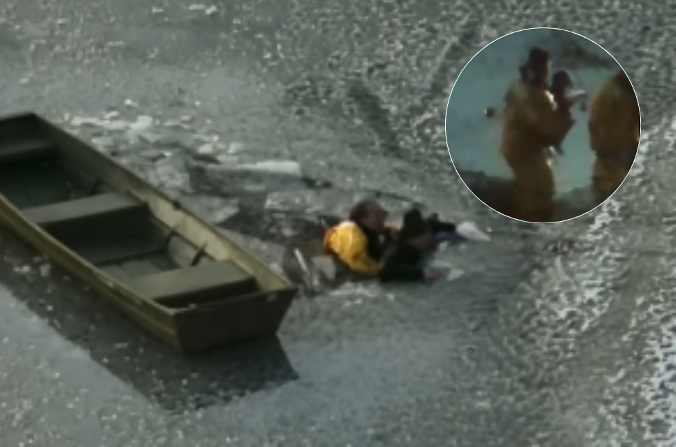 Heroico rescate de un perro y su dueño luego de caer en un lago helado