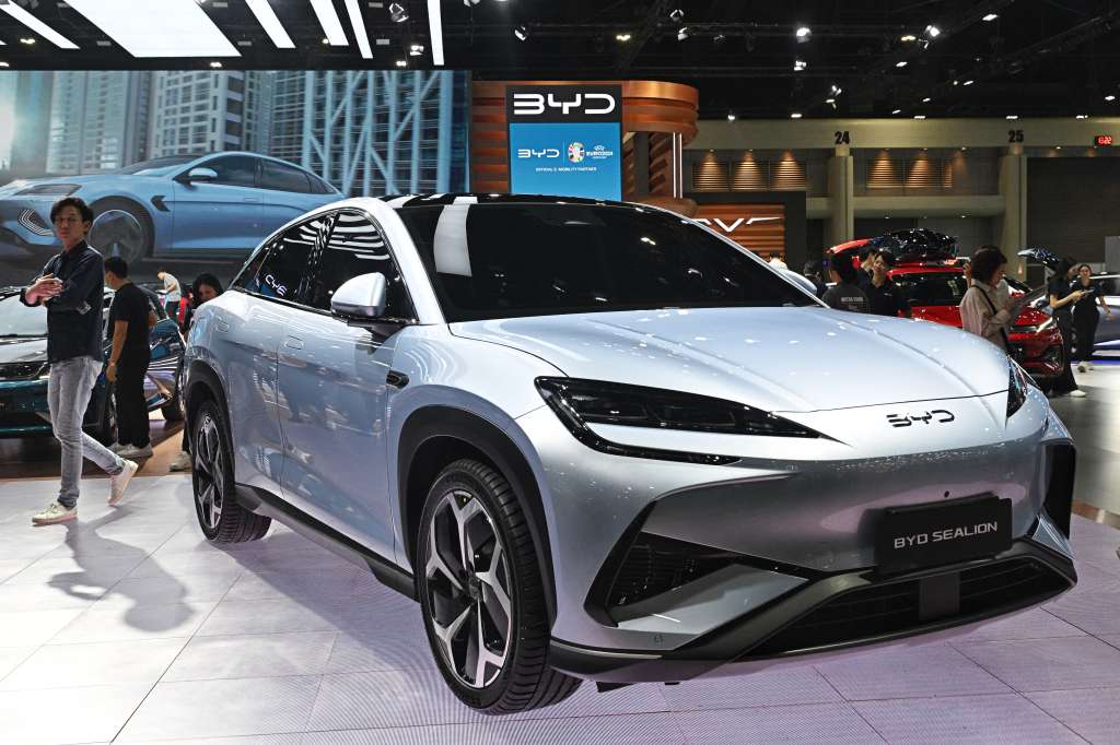 (FILES) A BYD Sealion car by Chinese electric vehicle (EV) manufacturer BYD is seen at the Bangkok International Motor Show in Nonthaburi on March 27, 2024.