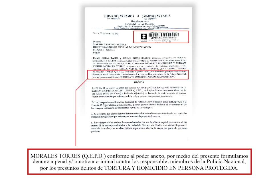 Pie de foto:Esta es la denuncia penal que los abogados de las familias radicaron el viernes pasado ante la Unidad Especial de Investigación de la Fiscalía, para que se investigue a la Policía por los delitos de tortura y homicidio en persona protegida.