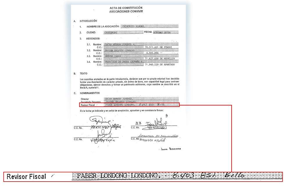 En el acta de constitución de la convivir Chigorodó Alegre figura como revisor fiscal Faber Leonel Londoño Londoño, cercano a Raúl Hasbún.