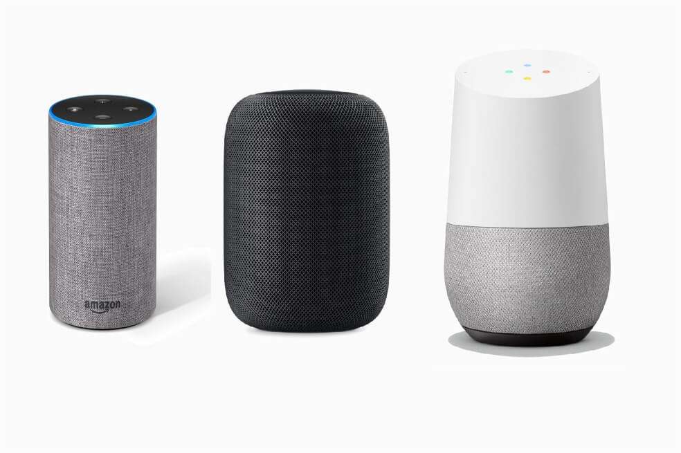 Altavoces Amazon Echo, HomePod y Google Home, de izquierda a derecha. / Amazon, Apple y Google