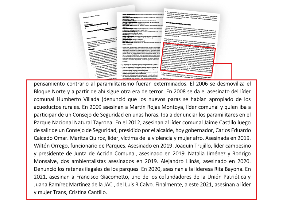 Según denunciaron los defensores en un derechos de petición, al menos quince líderes fueron asesinados entre el 2008 y el 2021 en la ciudad.