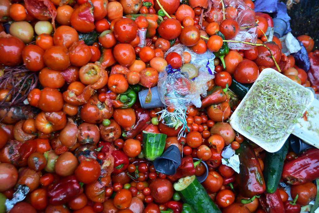 Comida arrojada por los vendedores y recuperada por algunos transeúntes del lugar