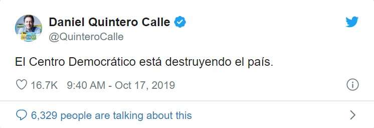 Esta estrategia de camorrear al puntero, según la efectividad de sus trinos, pareció funcionarle a Quintero. Este sencillo pero punzante trino tuvo más de 16.500 likes y es quizás el más efectivo de toda la campaña.