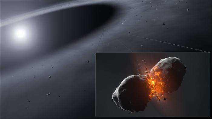Representación artística de la colisión de dos planetesimales en el disco circumestelar de la estrella Fomalhaut.