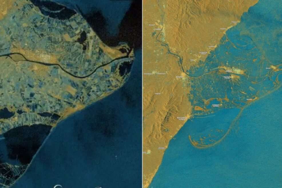 Imágenes satelitales del delta del Ebro. A la izquierda la zona antes de la tormenta Gloria y a la derecha se observa la penetración del mar hasta 3 kilómetros sobre la costa. / Copernicus