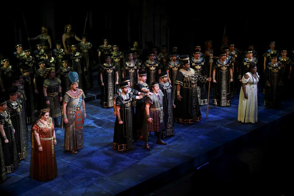 Opera singers and actors perform during Giuseppe Verdi’s "Aida" at New York's Metropolitan Opera on January 14, 2025.