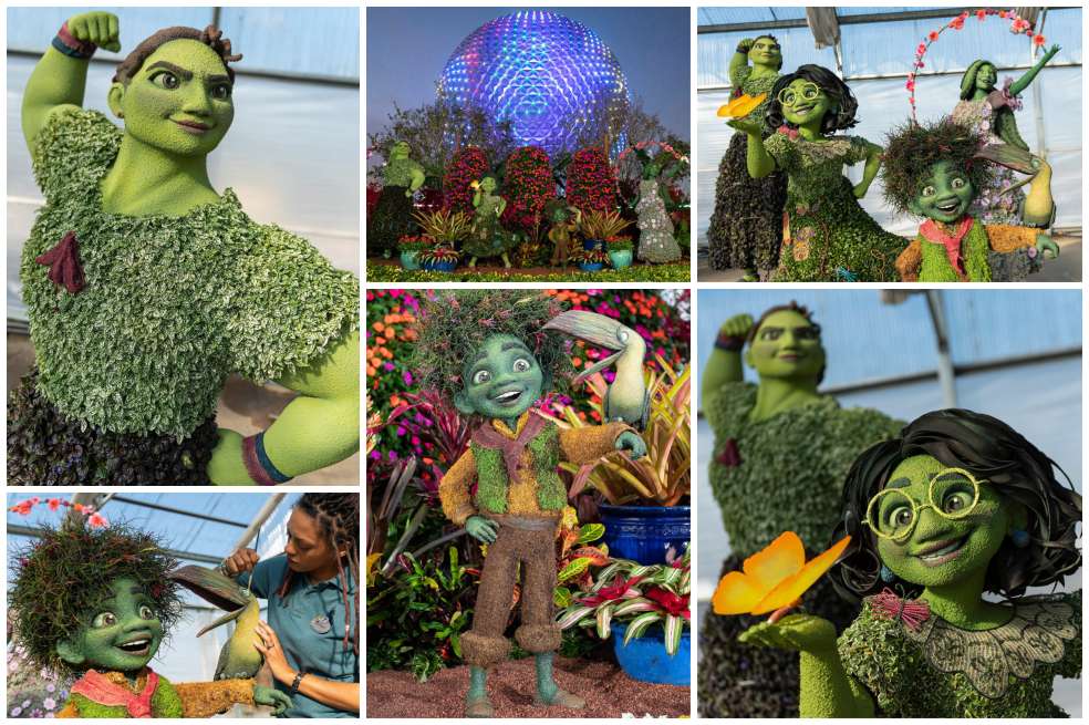 Debutando este año, los topiarios de Mirabel, Antonio, Isabela y Luisa de la película Encanto reciben a los visitantes en la entrada principal de Epcot.
